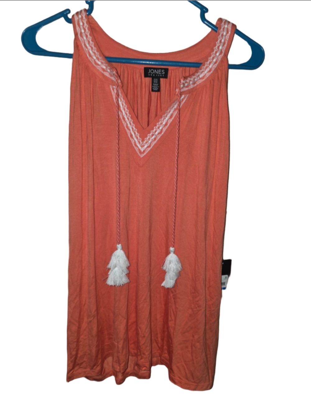 Women's Jones New York Tank Top XL Coral White Tassel V-Neck boho-chic floral